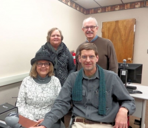 Lyn Harris and John Antonevich, seated, and Jo Anne Ottoson and John Johnson participate in a computer class at Prendergast Library, where the schedule of classes for March is now available.